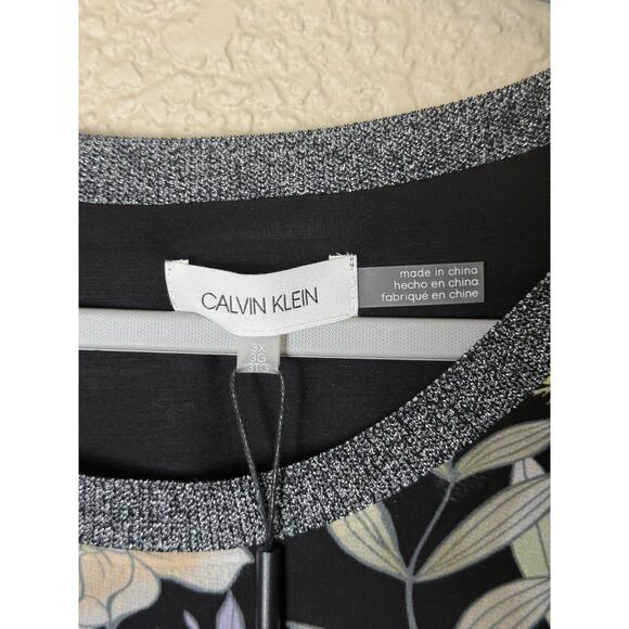 Calvin Klein 3X Black Purple Floral Vines Tunic NEW Tags Sheer Silver Neckline - Picture 7 of 12